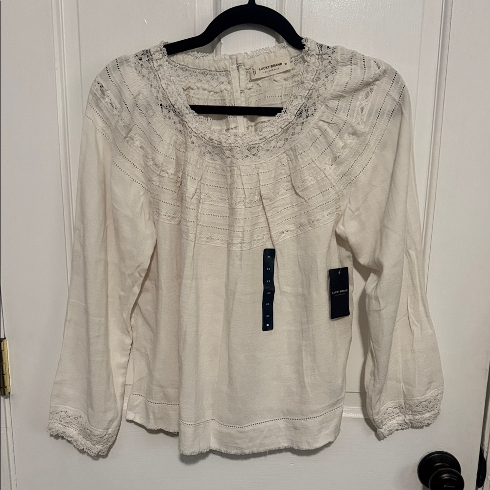 Lucky Brand Cream Lace Yoke Peasant Top